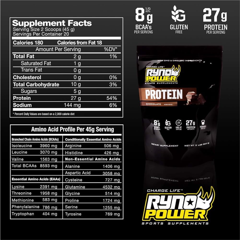 2lb Ryno Power Chocolate Whey Protein - 100% Natural Blend, Non GMO, No Fillers (20 Servings)