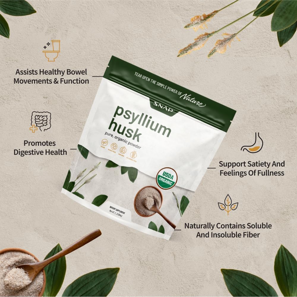2LB Snap Supplements Psyllium Husk USDA Organic Powder for Digestive Health - Non-GMO Cleanse & Support Gut Health