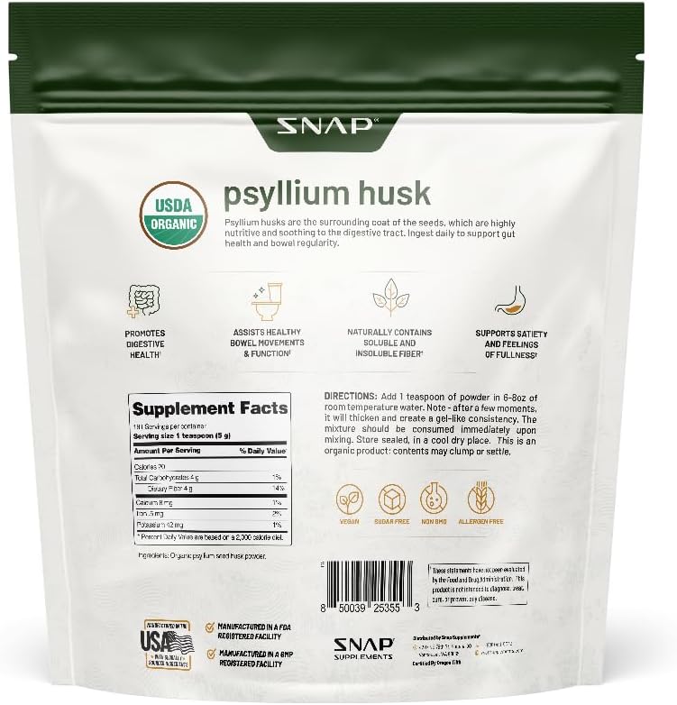 2LB Snap Supplements Psyllium Husk USDA Organic Powder for Digestive Health - Non-GMO Cleanse & Support Gut Health