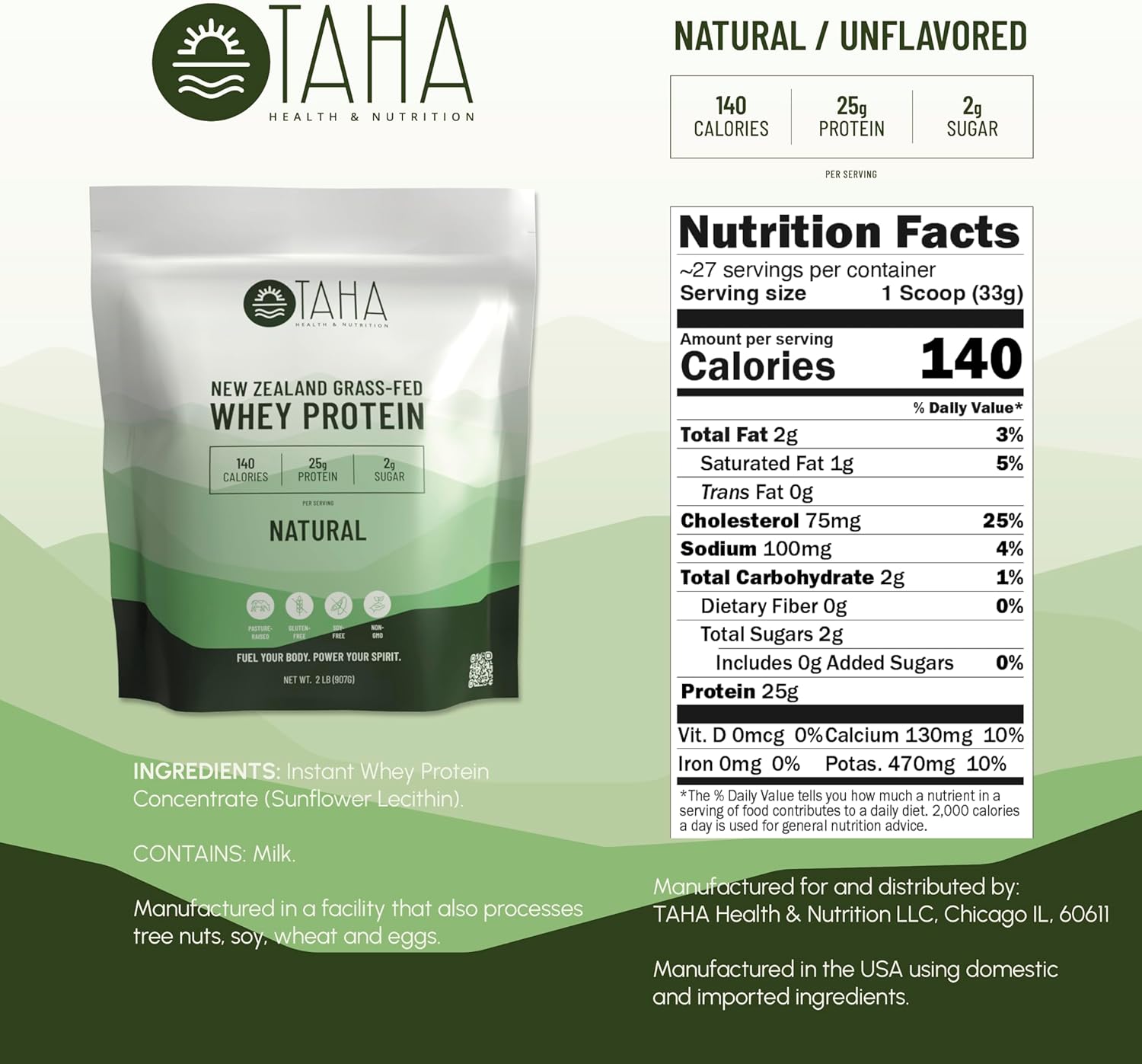 2LB Taha Health & Nutrition Natural Unflavored Whey Protein Concentrate Powder - 25g Protein, 140 Calories - Grass-Fed, Free-Range Dairy - Keto, Kosher - Gluten and Soy Free