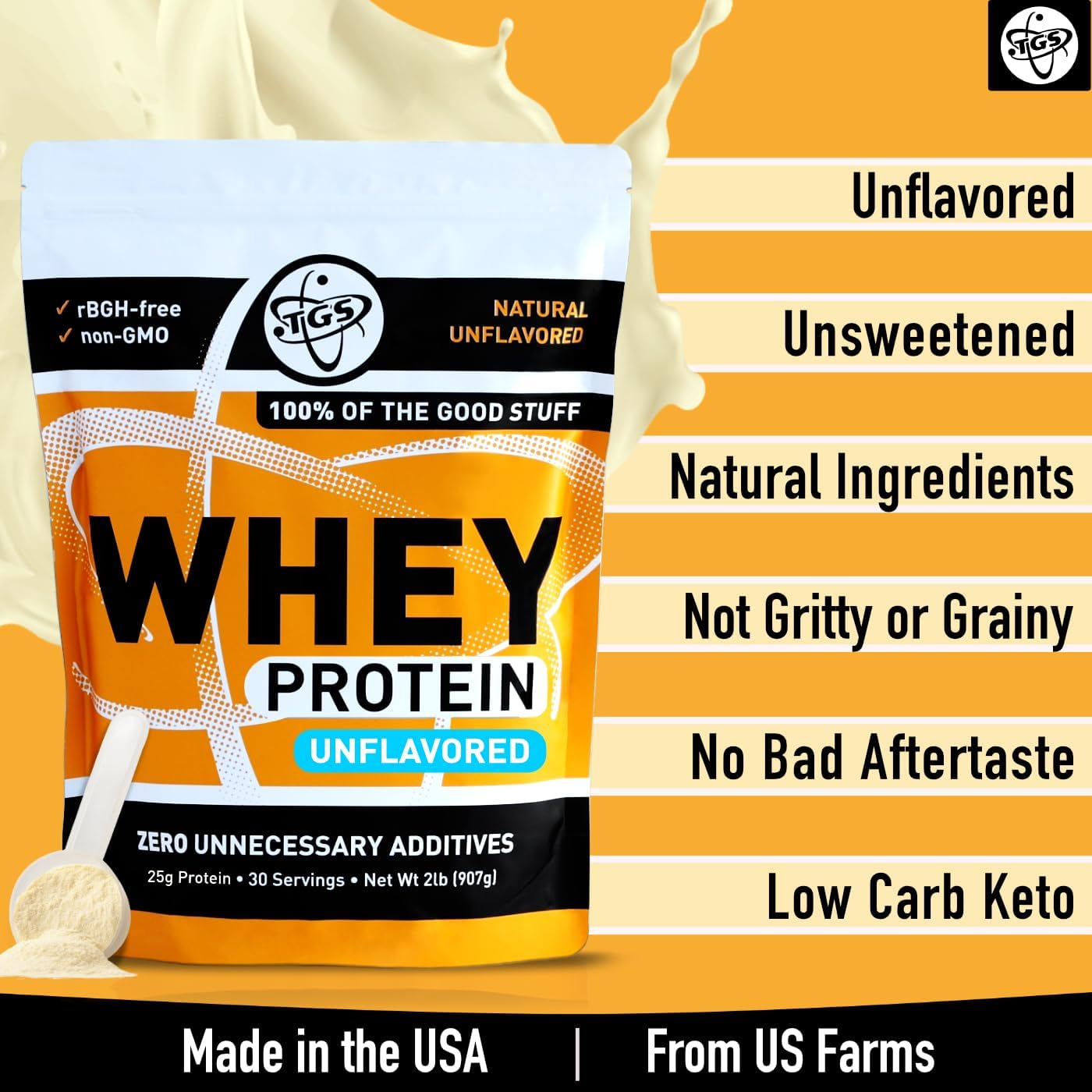 2lb TGS Nutrition Unflavored Whey Protein Powder - Keto Friendly, Low Carb, Low Calorie - Soy Free, Made in USA