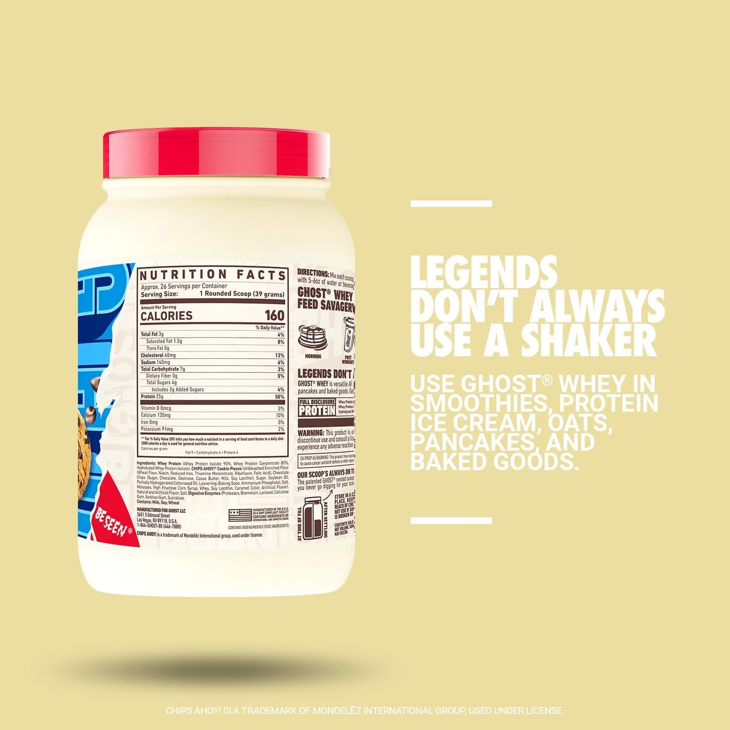 2LB Tub of GHOST Whey Protein Powder - Chocolate Chip Cookie Flavored Blend with 25G Protein