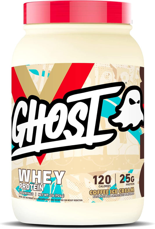 2LB Tub of Ghost Whey Protein Powder, Coffee Ice Cream Flavor - 25G Protein Blend of Isolate, Concentrate & Hydrolyzed Whey - Ideal for Post Workout Shakes - Soy & Gluten Free