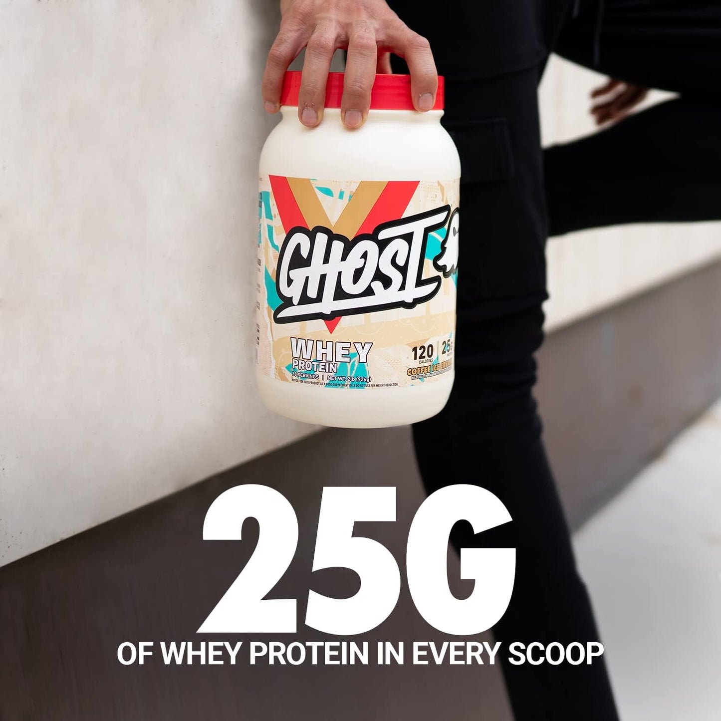 2LB Tub of Ghost Whey Protein Powder, Coffee Ice Cream Flavor - 25G Protein Blend of Isolate, Concentrate & Hydrolyzed Whey - Ideal for Post Workout Shakes - Soy & Gluten Free