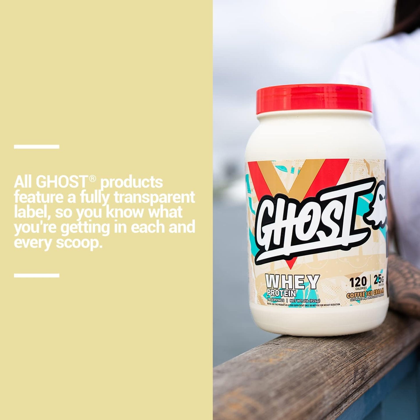 2LB Tub of Ghost Whey Protein Powder, Coffee Ice Cream Flavor - 25G Protein Blend of Isolate, Concentrate & Hydrolyzed Whey - Ideal for Post Workout Shakes - Soy & Gluten Free