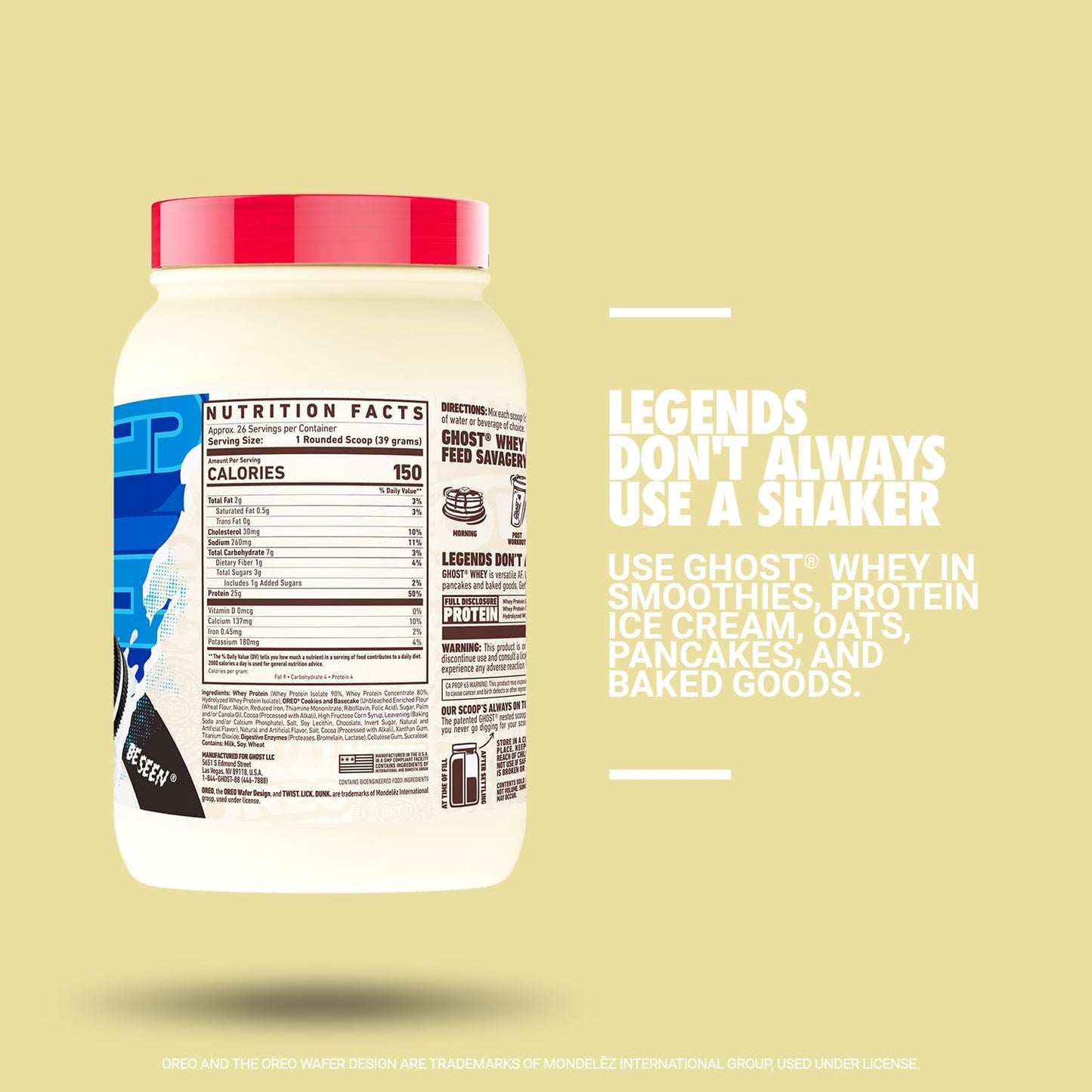 2LB Tub of GHOST Whey Protein Powder with 25G Protein - Oreo Cookies & Cream Flavor for Post-Workout Shakes