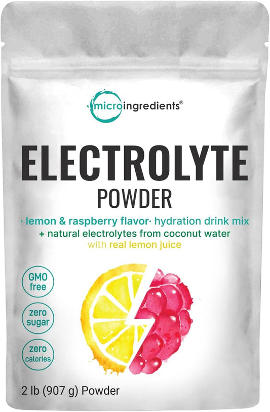 2lbs High Potassium Electrolyte Powder with Lemon Raspberry Flavor - 139 Servings, No Sugar, Keto Friendly - Made with Real Lemon Juice & Coconut Water - Non-GMO
