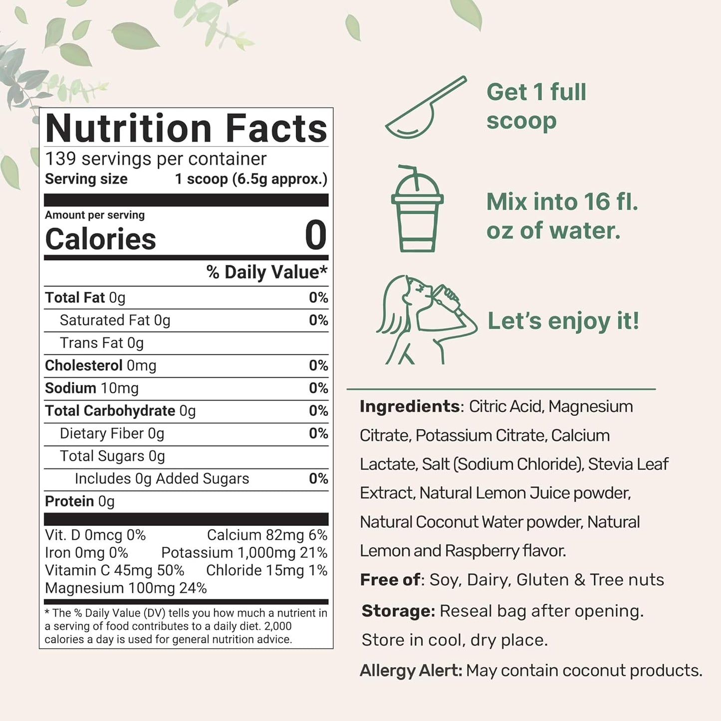 2lbs High Potassium Electrolyte Powder with Lemon Raspberry Flavor - 139 Servings, No Sugar, Keto Friendly - Made with Real Lemon Juice & Coconut Water - Non-GMO