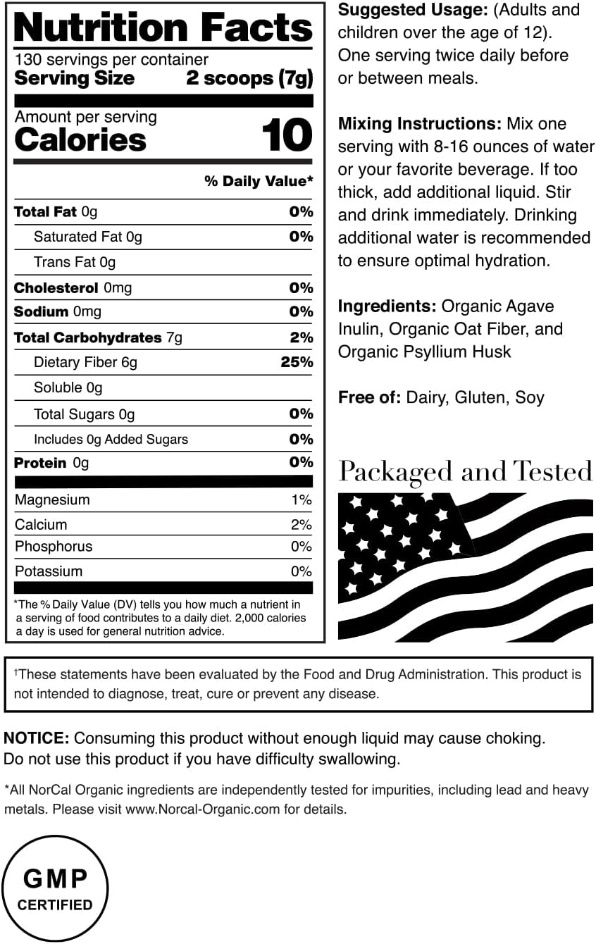 2lbs Norcal Organic Fiber Blend with Prebiotics & Psyllium Husk - Gluten-Free, Non-GMO, Soluble & Insoluble Fiber Supplement