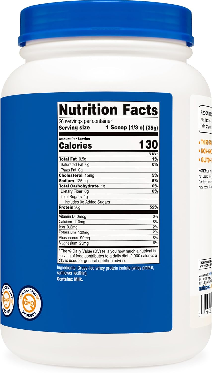 2LBS Nutricost Grass-Fed Whey Protein Isolate - Non-GMO, Gluten Free, Unflavored Pure Protein