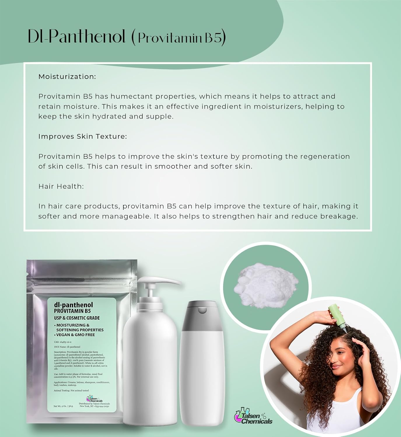2oz dl-Panthenol Powder - Provitamin B5 for DIY Hair & Skin Moisturizer