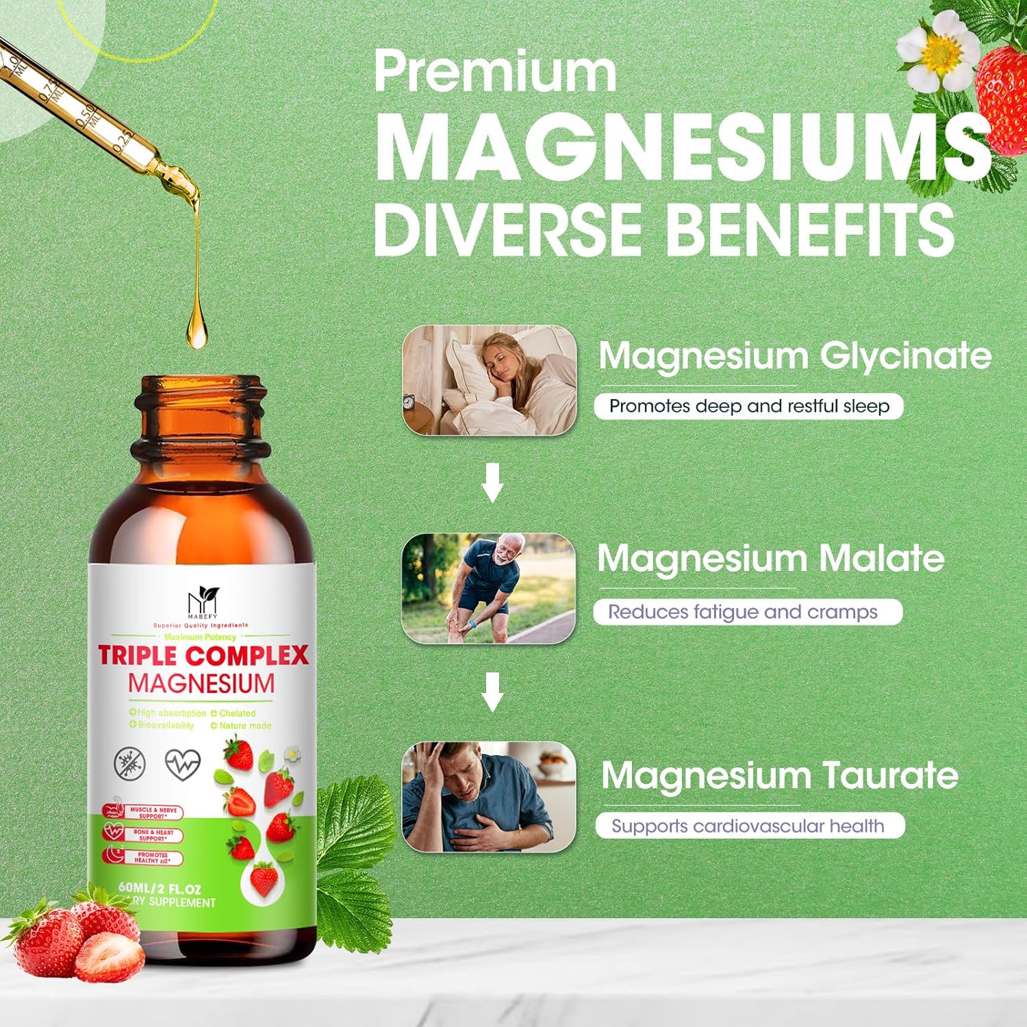 2oz MABEFY Liquid Magnesium Glycinate Drops for Sleep, Nerves, Energy, Muscles, Bones, Calm & Digestion - Strawberry Flavor