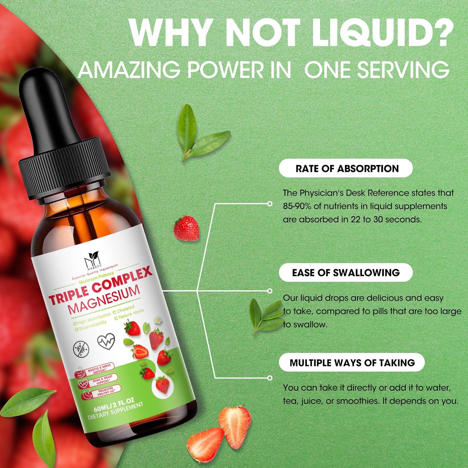 2oz MABEFY Liquid Magnesium Glycinate Drops for Sleep, Nerves, Energy, Muscles, Bones, Calm & Digestion - Strawberry Flavor