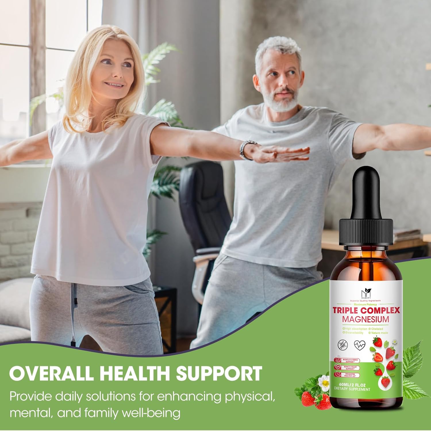 2oz MABEFY Liquid Magnesium Glycinate Drops for Sleep, Nerves, Energy, Muscles, Bones, Calm & Digestion - Strawberry Flavor