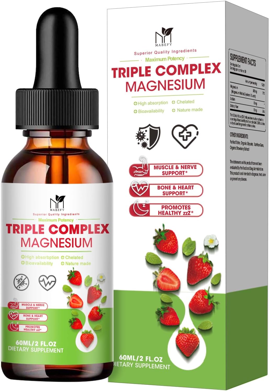 2oz MABEFY Liquid Magnesium Glycinate Drops for Sleep, Nerves, Energy, Muscles, Bones, Calm & Digestion - Strawberry Flavor