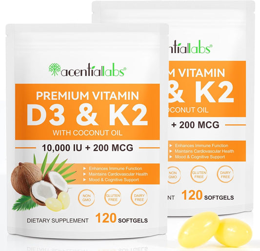 2PC D3 K2 Vitamin Softgels with Virgin Coconut Oil - 10000 IU, 120 Count - Immune, Joint, Bone, Heart Health Support - Cardiovascular Health - Easy to Swallow