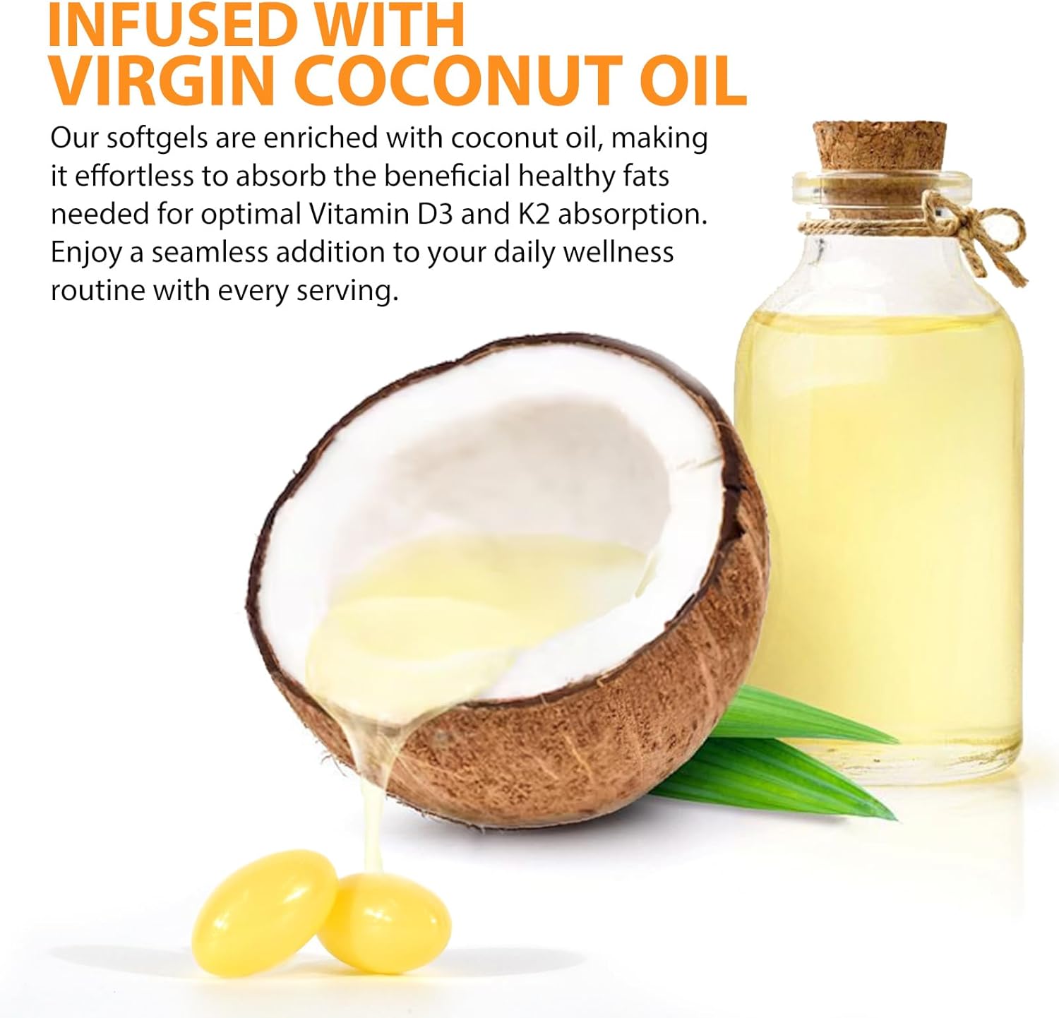 2PC D3 K2 Vitamin Softgels with Virgin Coconut Oil - 10000 IU, 120 Count - Immune, Joint, Bone, Heart Health Support - Cardiovascular Health - Easy to Swallow