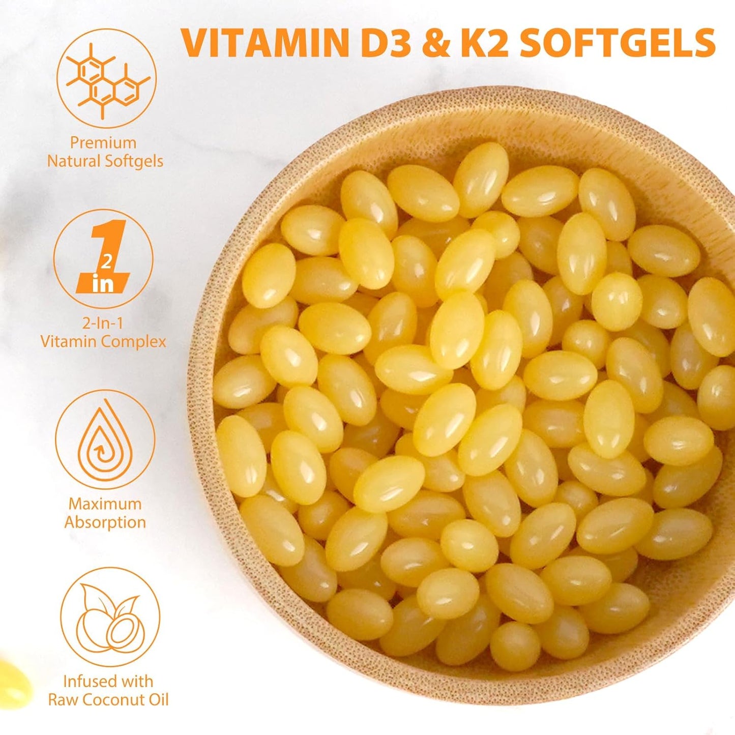 2PC D3 K2 Vitamin Softgels with Virgin Coconut Oil - 10000 IU, 120 Count - Immune, Joint, Bone, Heart Health Support - Cardiovascular Health - Easy to Swallow
