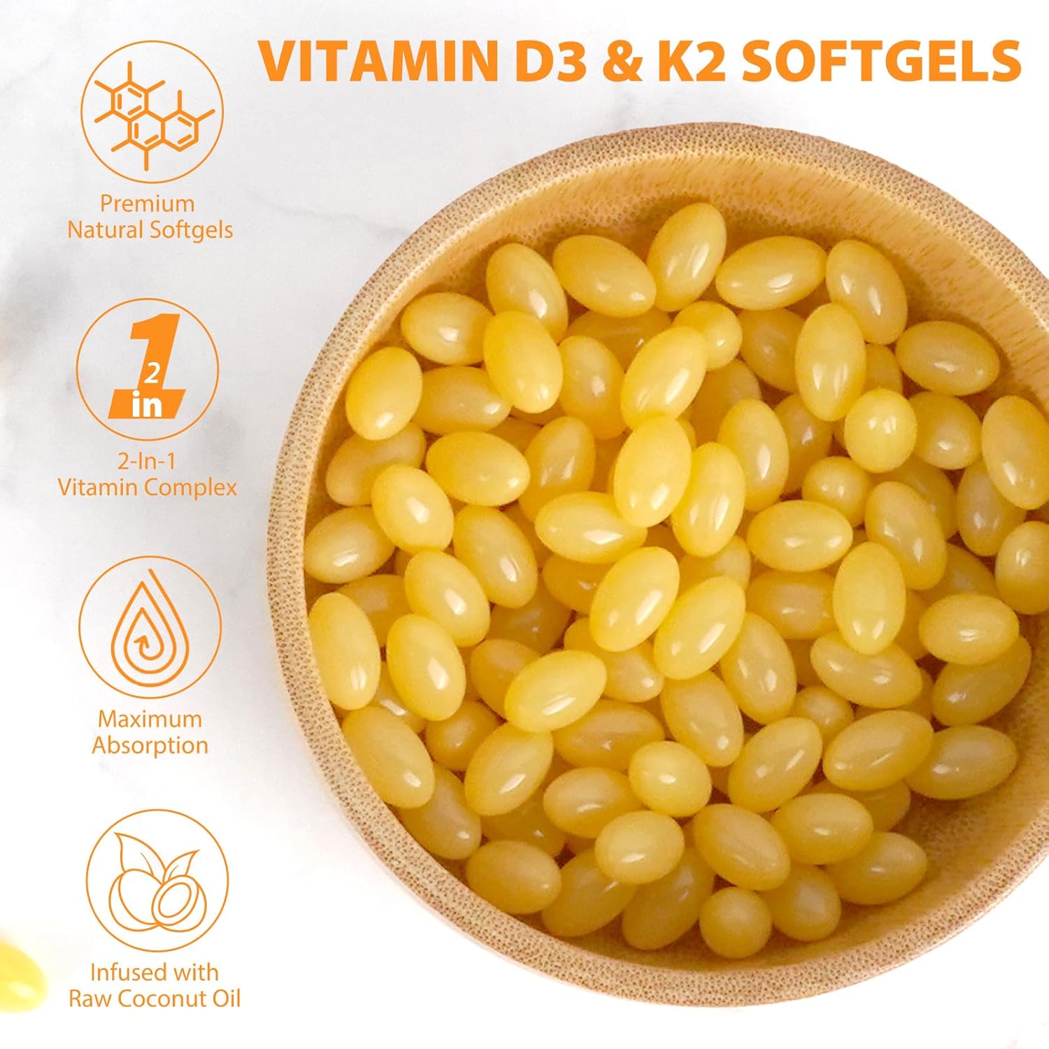 2PC D3 K2 Vitamin Softgels with Virgin Coconut Oil - 10000 IU, 120 Count - Immune, Joint, Bone, Heart Health Support - Cardiovascular Health - Easy to Swallow