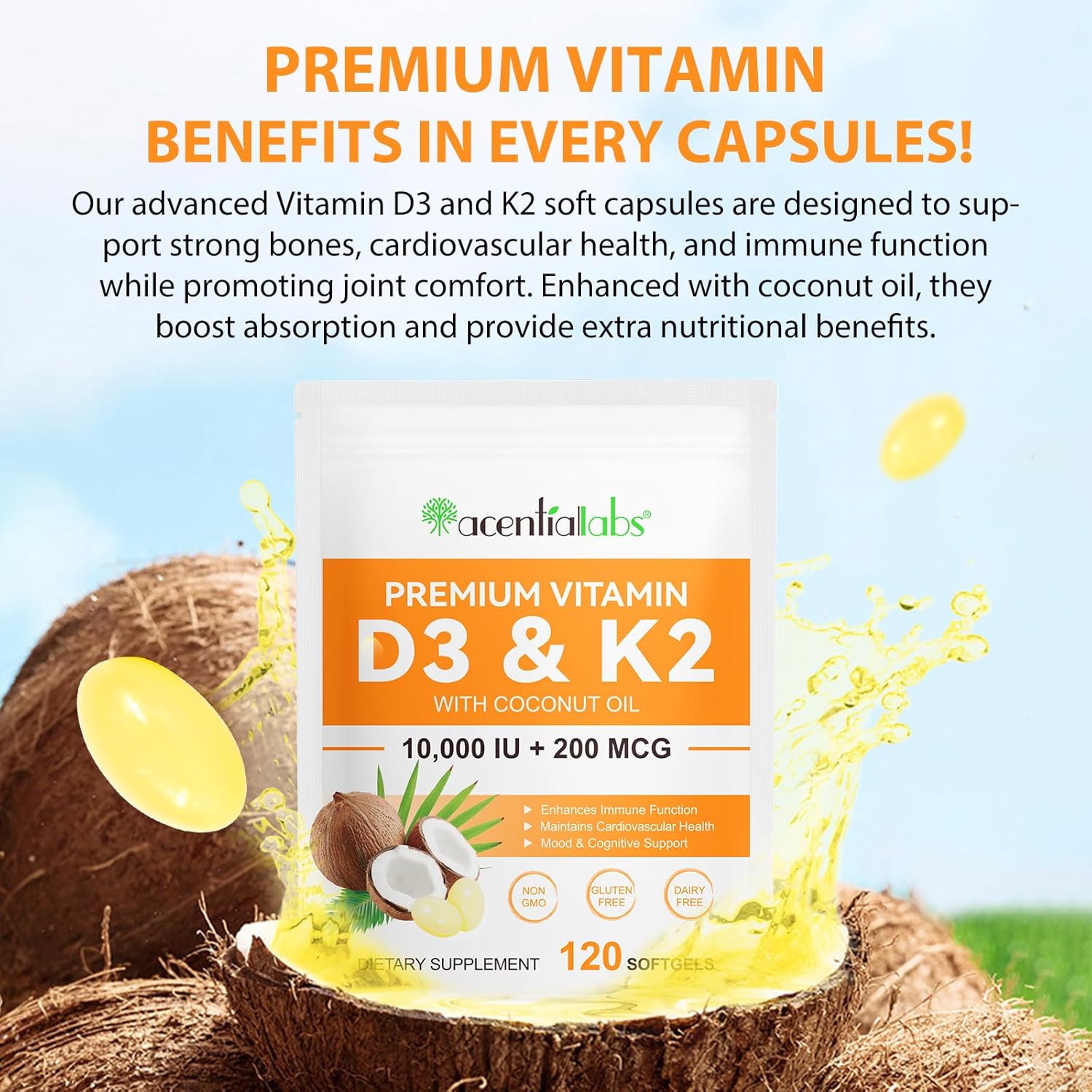 2PC D3 K2 Vitamin Softgels with Virgin Coconut Oil - 10000 IU, 120 Count - Immune, Joint, Bone, Heart Health Support - Cardiovascular Health - Easy to Swallow