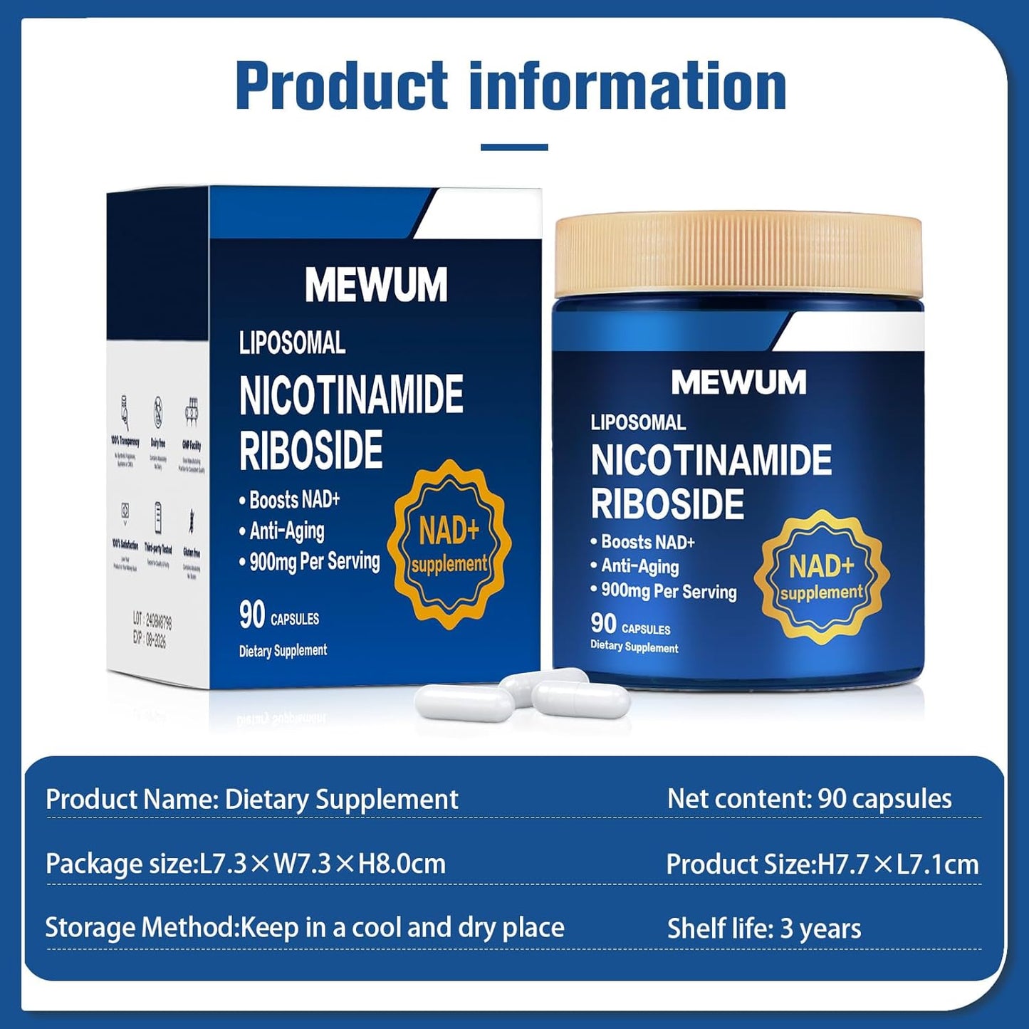 2PCS NAD+ Supplement with Resveratrol - 900 mg Liposomal Nicotinamide Riboside - Anti-Aging & Energy Support - 90 Capsules