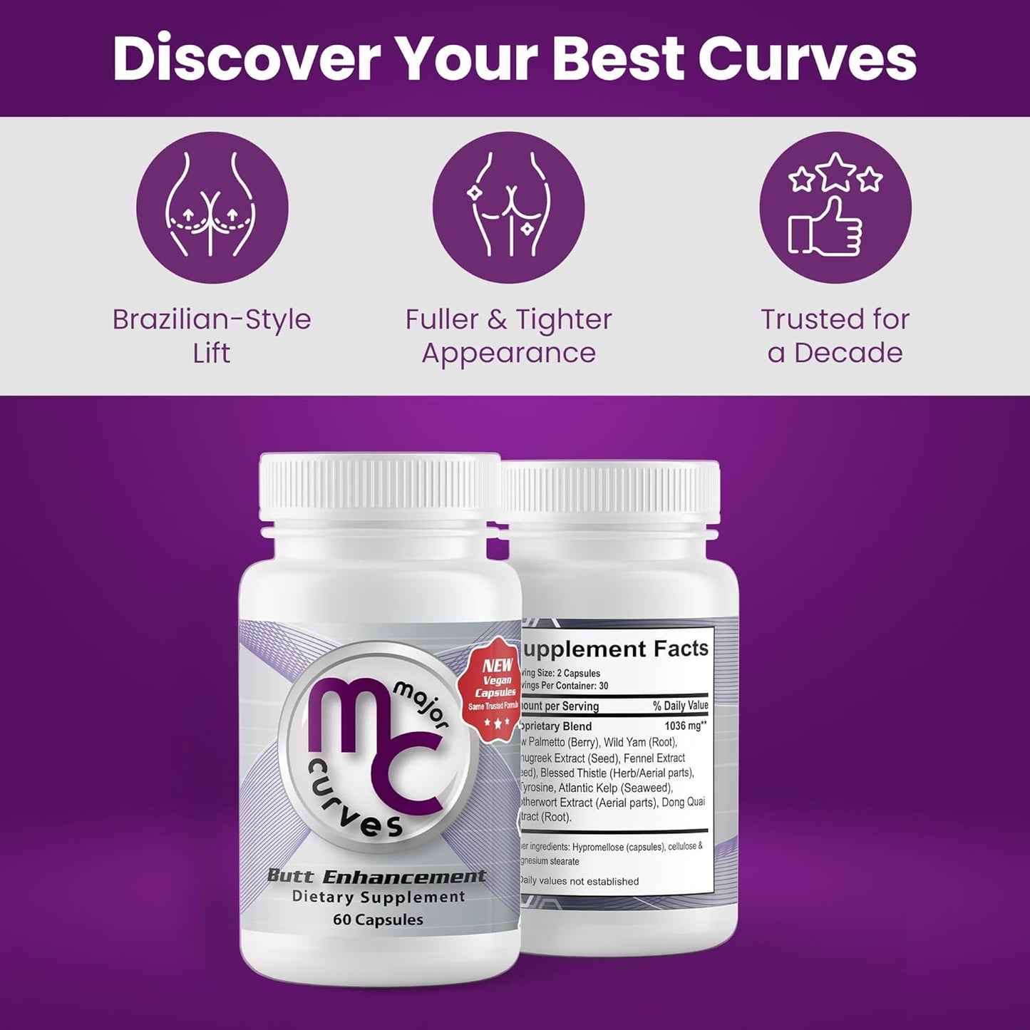 3 Bottles Major Curves Butt Enhancement and Enlargement Capsules - Natural Pills for Bigger Booty