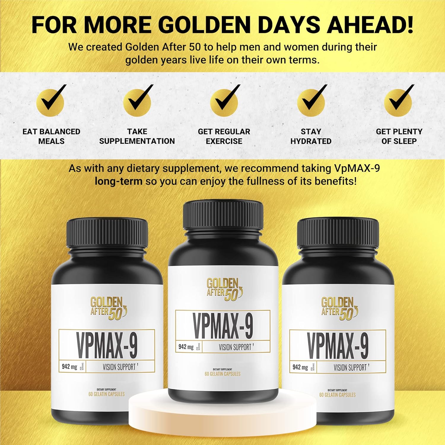 3 Bottles of Golden After 50 VpMax-9 Eye Vitamin Supplement with Lutein, Lycopene, and Bilberry Extract