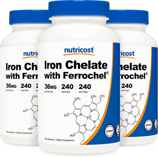 3 Bottles of Nutricost Ferrochel Chelated Iron 36mg, 240 Capsules