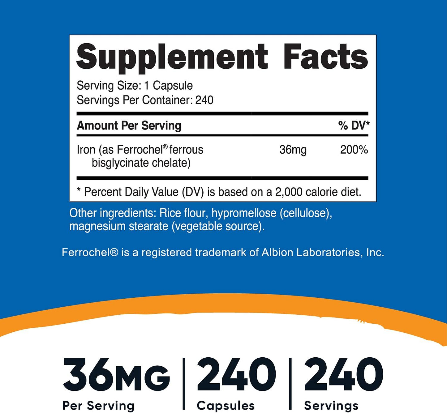 3 Bottles of Nutricost Ferrochel Chelated Iron 36mg, 240 Capsules