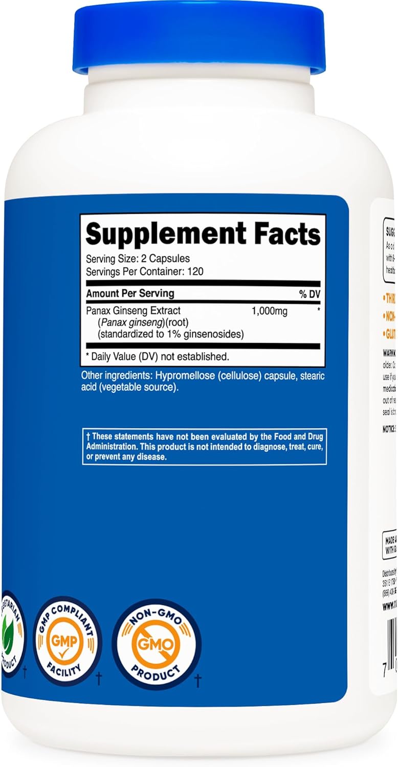 3 Bottles of Nutricost Panax Ginseng 1000mg Capsules - 240 Capsules, Non-GMO, Gluten Free - 120 Servings