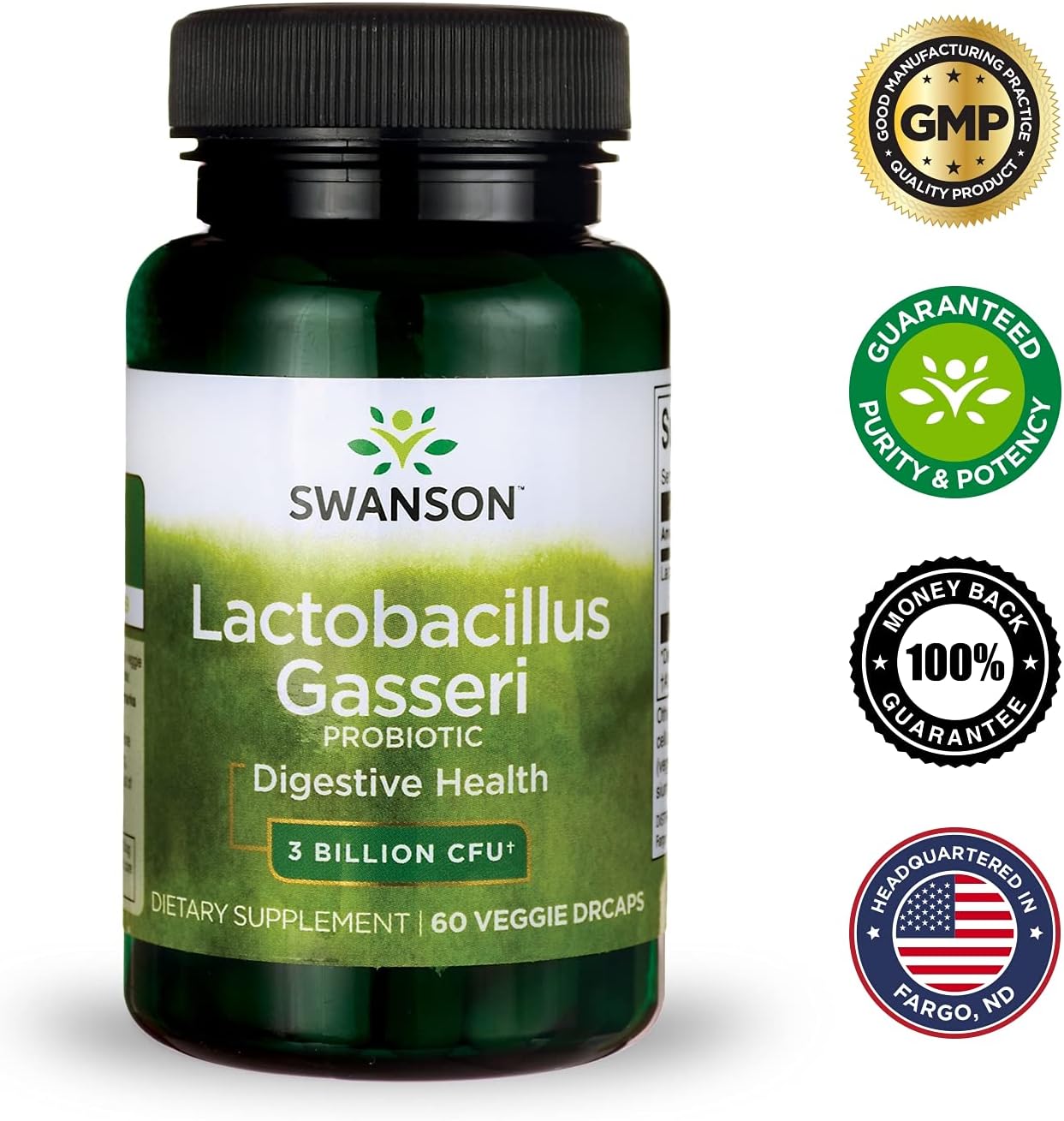 3 Bottles of Swanson Lactobacillus Gasseri Probiotic Supplement - 60 Veggie Capsules Each - Supports Digestive Health, Satiety, and Fat Metabolism with 3 Billion CFU