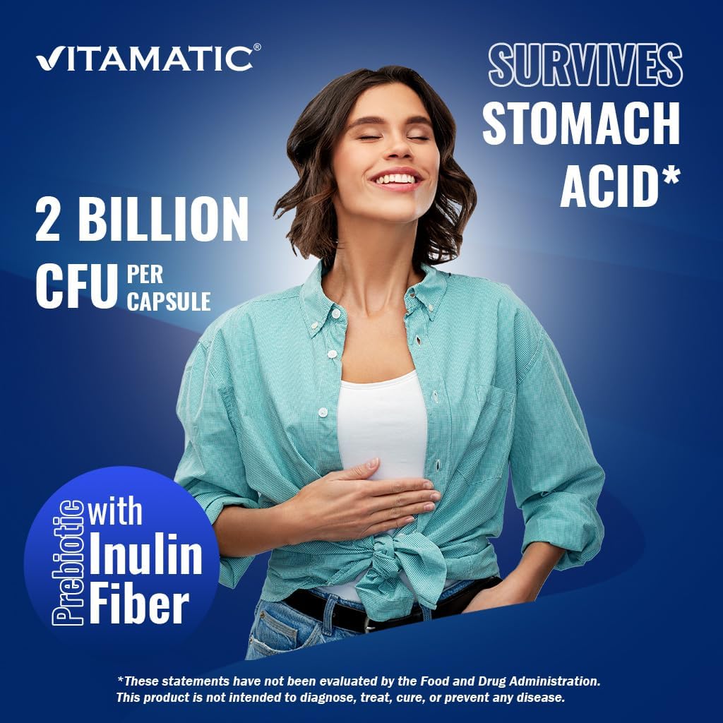 3 Bottles of Vitamatic Lactobacillus Salivarius DR Capsules - 60 Count Each - 2 Billion CFUs - Prebiotic Inulin Fiber - Digestive Health Support