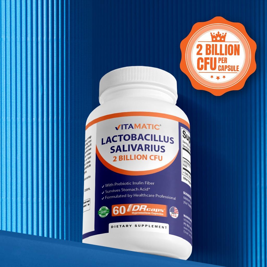 3 Bottles of Vitamatic Lactobacillus Salivarius DR Capsules - 60 Count Each - 2 Billion CFUs - Prebiotic Inulin Fiber - Digestive Health Support
