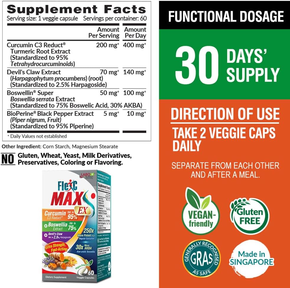 3 Boxes of LABO Nutrition FlexC MAX EX Turmeric Curcumin C3 Reduct Tetrahydrocurcuminoids for Joint Discomfort Relief
