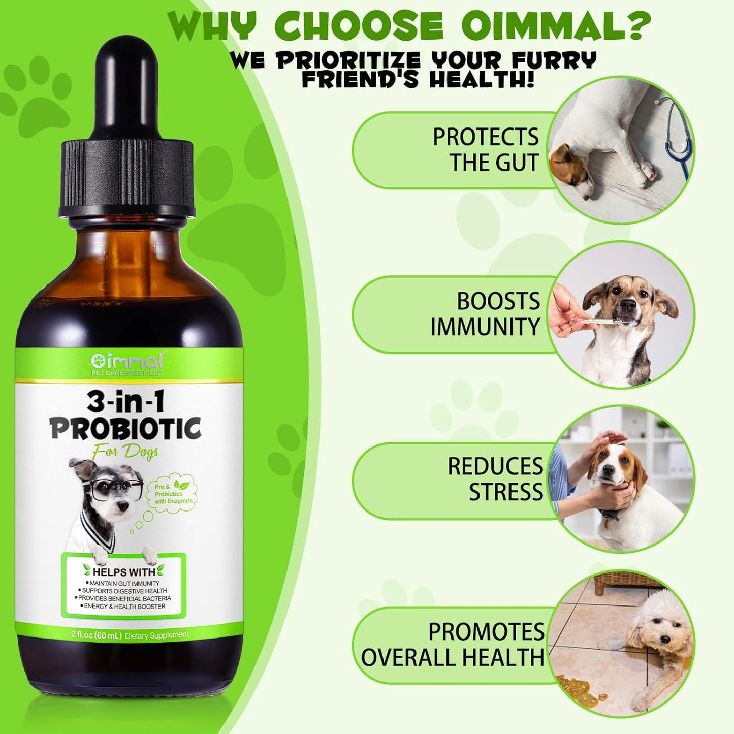 3-in-1 Bacon Flavored Dog Probiotic Drops for Diarrhea Relief, Gut Health, and Immunity Support - 60ml