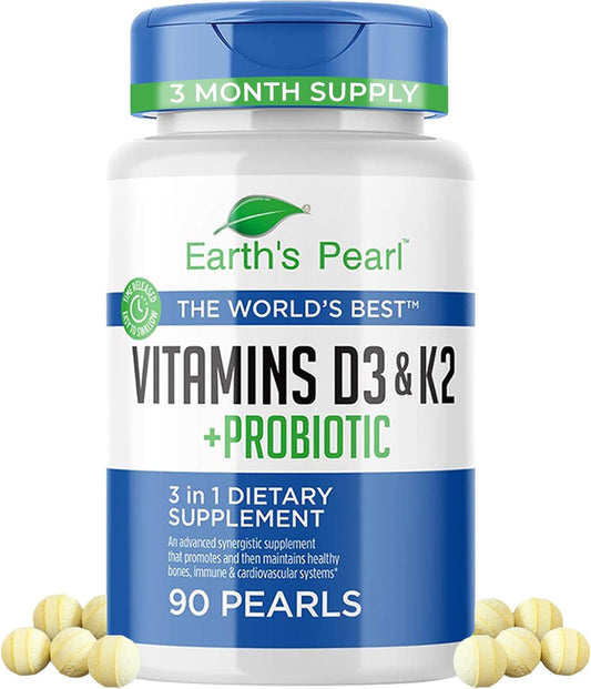 3-in-1 Earth's Pearl Vitamin D3 K2 5000 IU with Probiotics - Gut Health Supplements for Women & Men - 90 ct - 3 Month Supply
