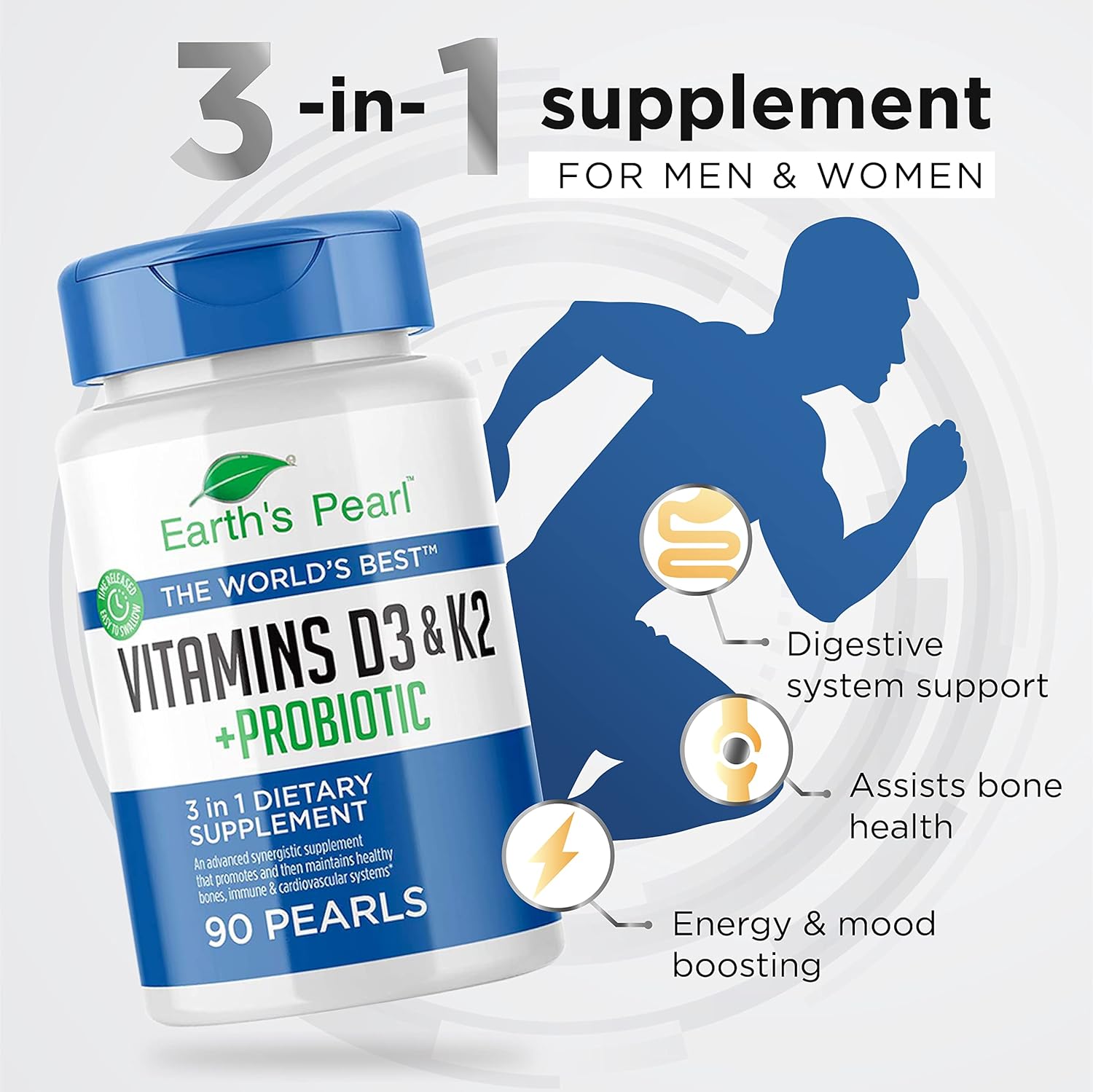 3-in-1 Earth's Pearl Vitamin D3 K2 5000 IU with Probiotics - Gut Health Supplements for Women & Men - 90 ct - 3 Month Supply