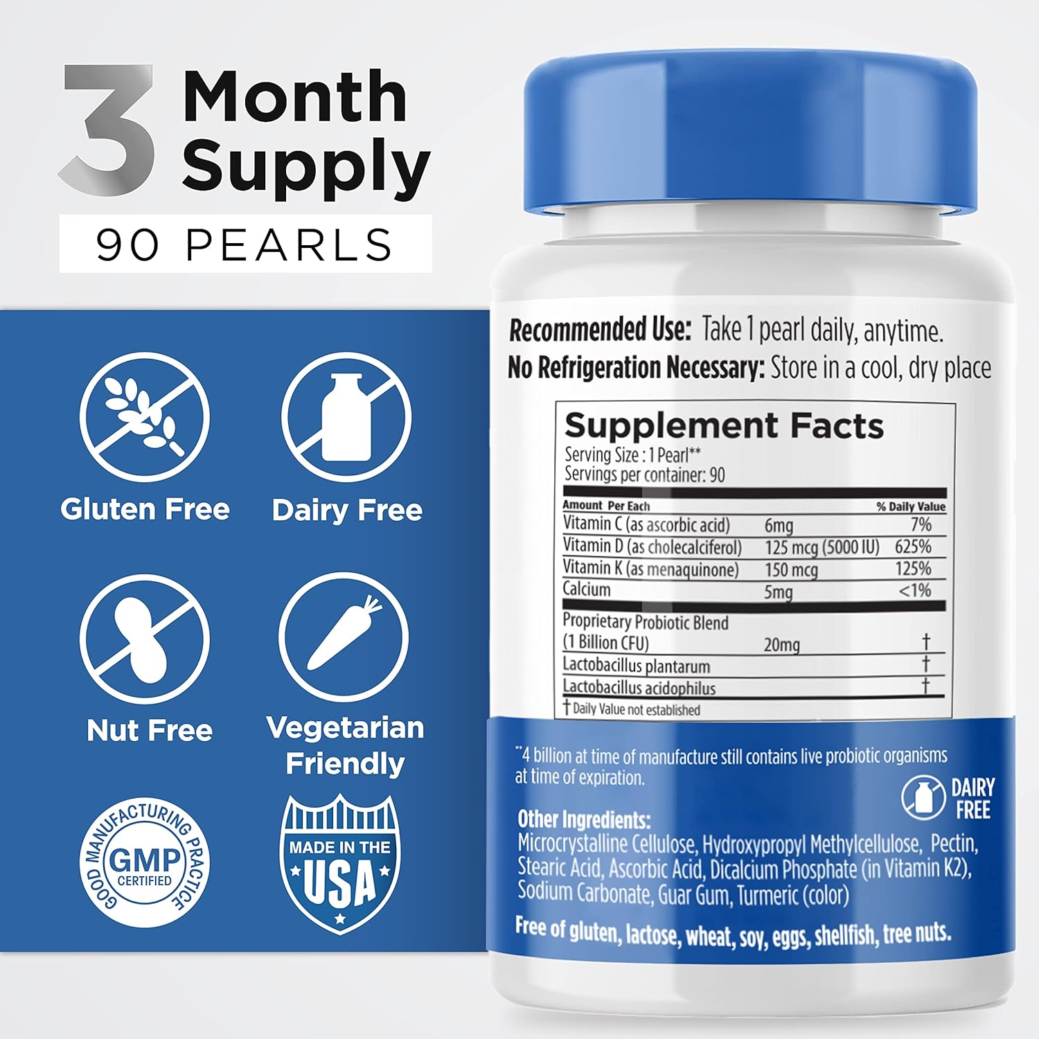 3-in-1 Earth's Pearl Vitamin D3 K2 5000 IU with Probiotics - Gut Health Supplements for Women & Men - 90 ct - 3 Month Supply