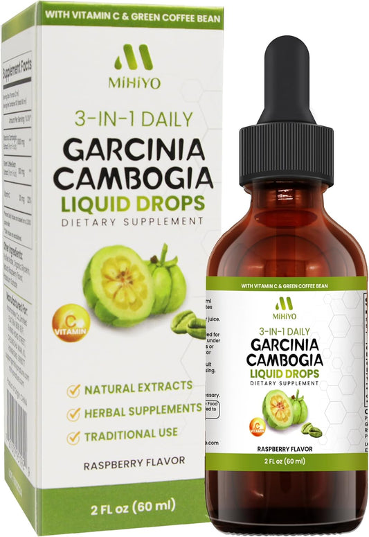 3-in-1 Garcinia Cambogia Liquid Drops with Green Coffee Bean & Vitamin C - Raspberry Flavor - 2 fl oz