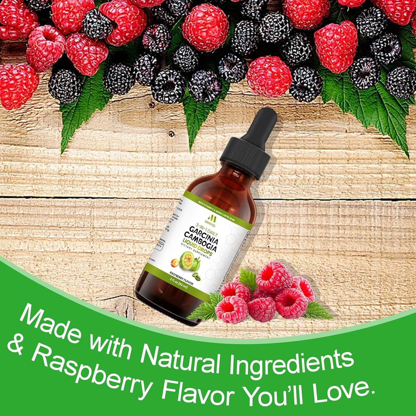 3-in-1 Garcinia Cambogia Liquid Drops with Green Coffee Bean & Vitamin C - Raspberry Flavor - 2 fl oz