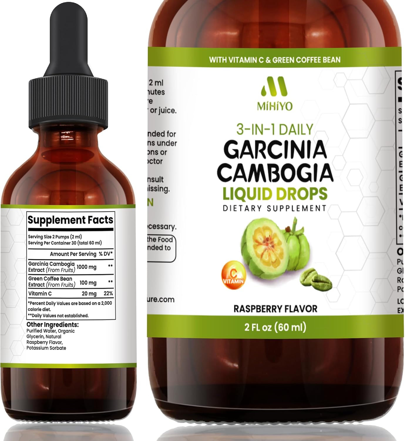 3-in-1 Garcinia Cambogia Liquid Drops with Green Coffee Bean & Vitamin C - Raspberry Flavor - 2 fl oz