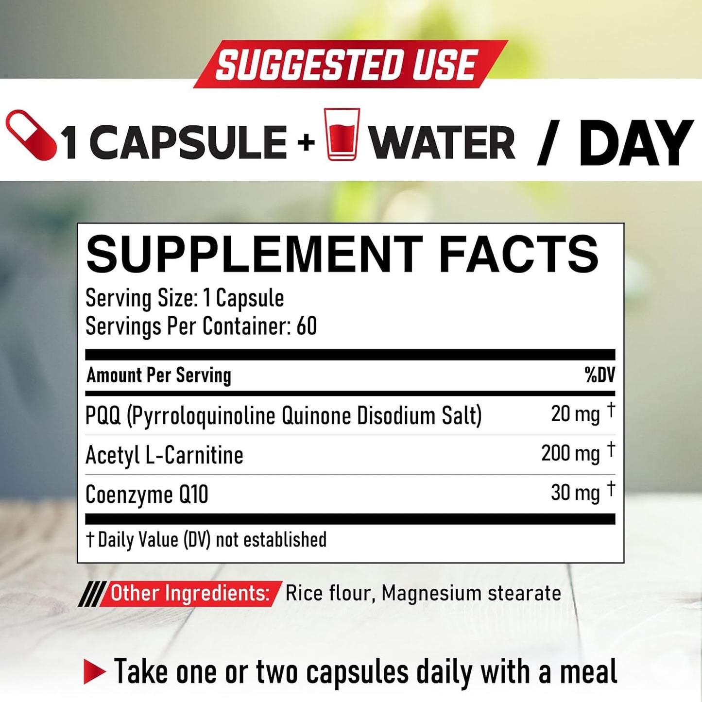 3-in-1 Mitochondrial Supplement with PQQ, CoQ10, and Acetyl L-Carnitine - 60 Capsules for Brain Health and Energy - Gluten-Free, Non-GMO - 2 Month Supply