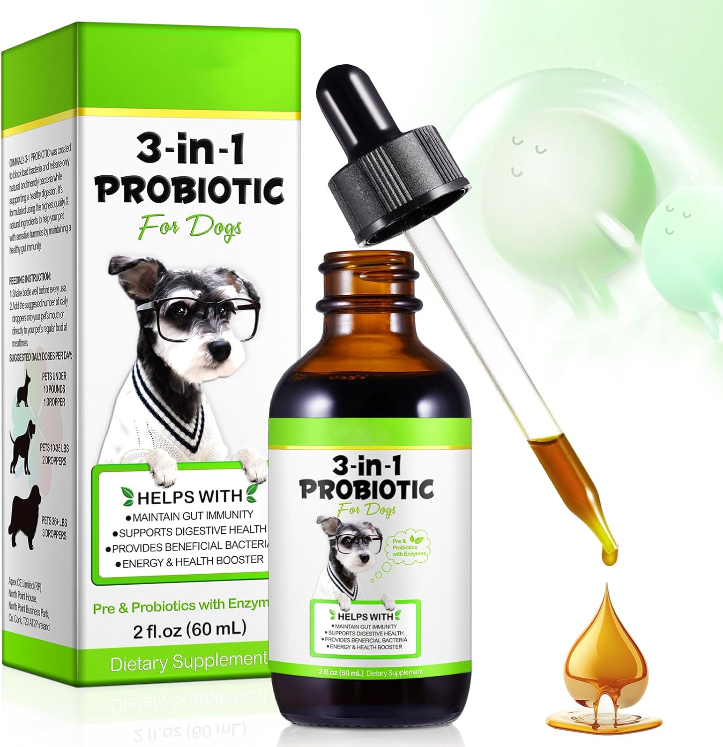 3-in-1 Pet Probiotic Supplement for Dogs | 2 Oz Liquid Dog Probiotics for Digestive Support