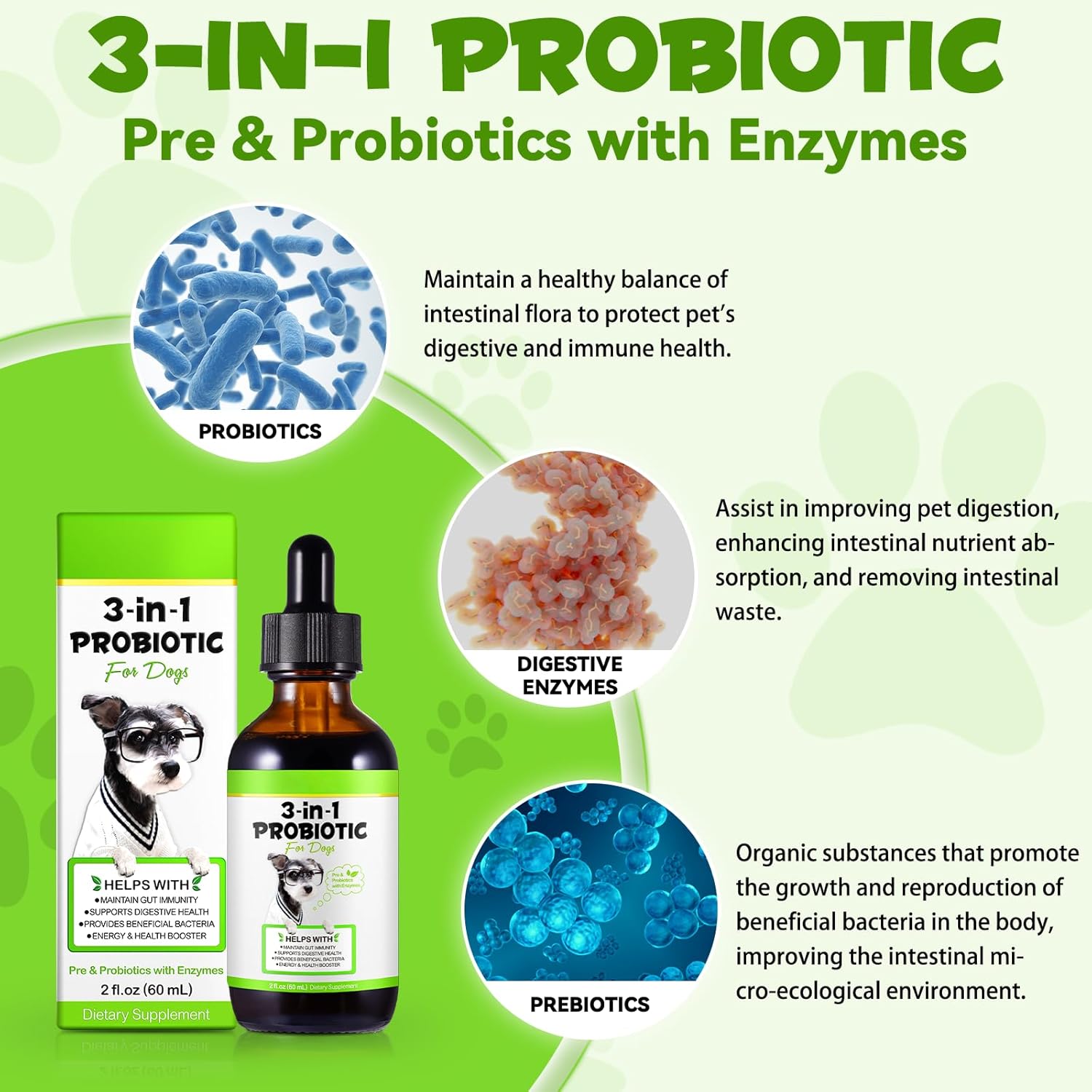 3-in-1 Pet Probiotic Supplement for Dogs | 2 Oz Liquid Dog Probiotics for Digestive Support