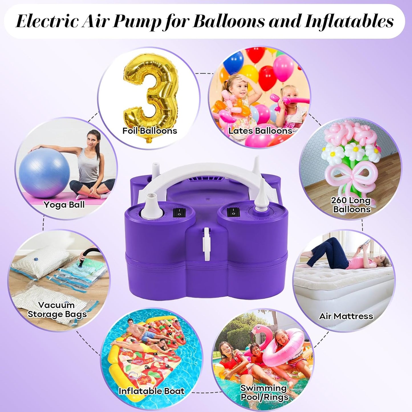 3-in-1 Portable Electric Balloon Pump for Inflatables and Balloons - Dual Nozzle Blower Machine for Latex, Foil Balloons, Pool Floats, and Air Mattress - 110V Inflator Deflator