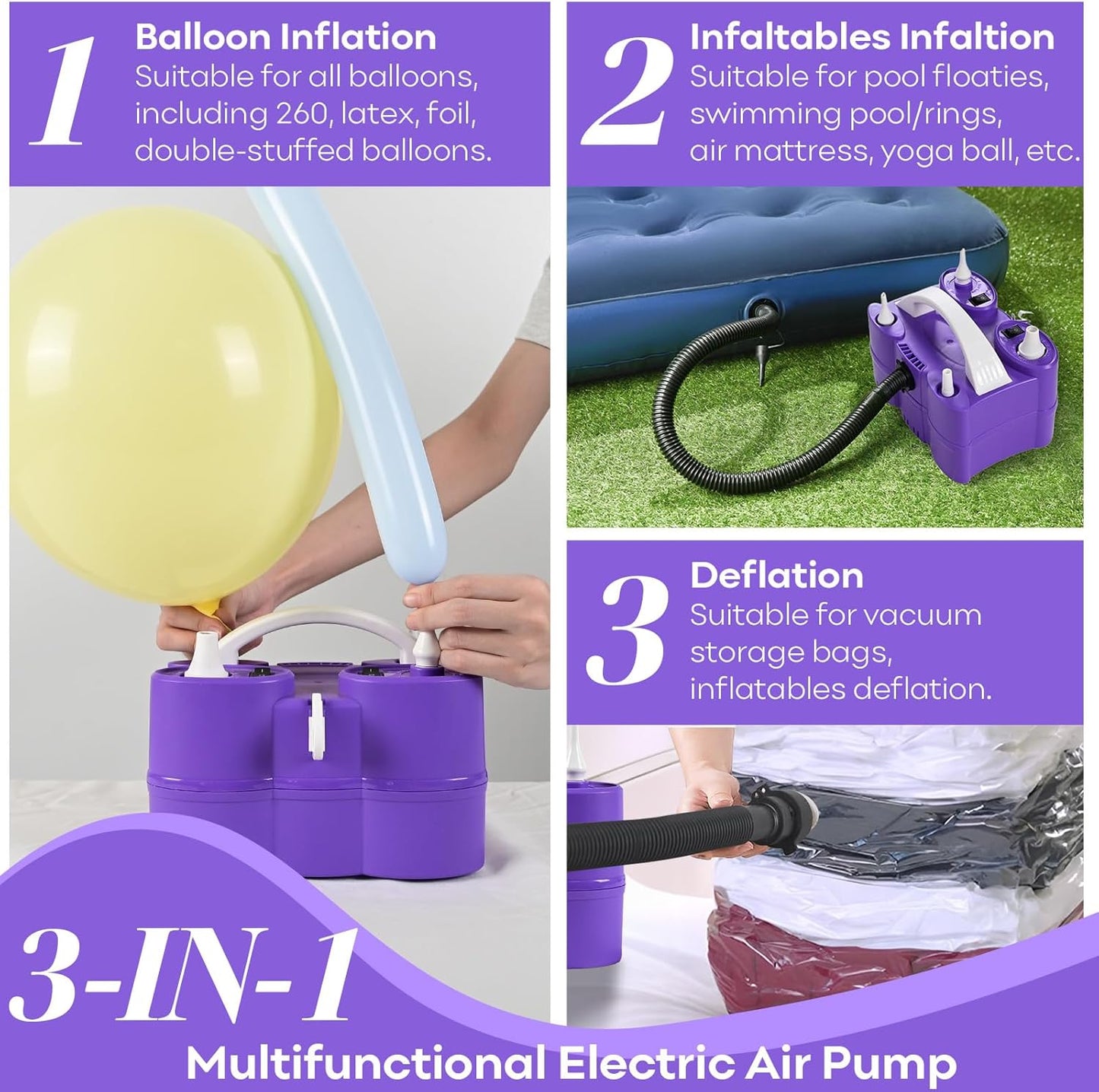 3-in-1 Portable Electric Balloon Pump for Inflatables and Balloons - Dual Nozzle Blower Machine for Latex, Foil Balloons, Pool Floats, and Air Mattress - 110V Inflator Deflator