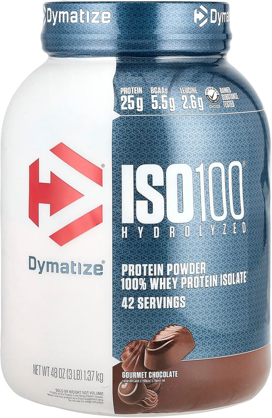 3 lb Dymatize ISO100 Hydrolyzed Whey Protein Isolate Powder - Gourmet Chocolate Flavor, 100% Pure Protein