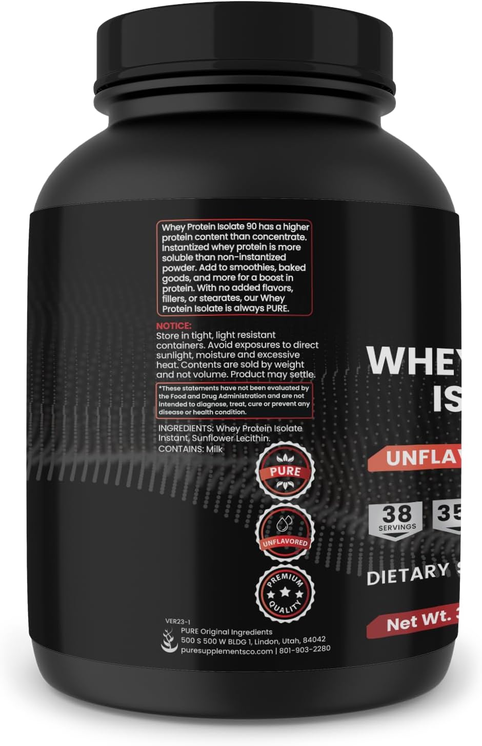 3 lb Instantized Unflavored Whey Protein Isolate with Pure Original Ingredients