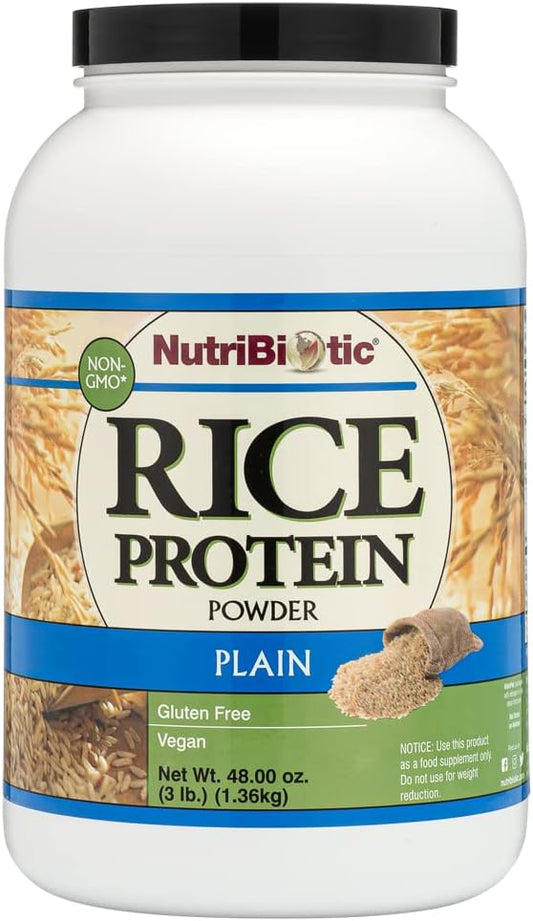 3 Lb NutriBiotic Plain Rice Protein Powder - Low Carb, Vegan, Raw, Chemical-Free, Gluten-Free, GMO-Free, Keto-Friendly & Digestible - 1.36kg