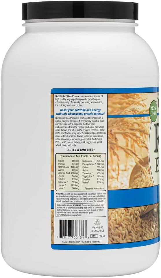 3 Lb NutriBiotic Plain Rice Protein Powder - Low Carb, Vegan, Raw, Chemical-Free, Gluten-Free, GMO-Free, Keto-Friendly & Digestible - 1.36kg